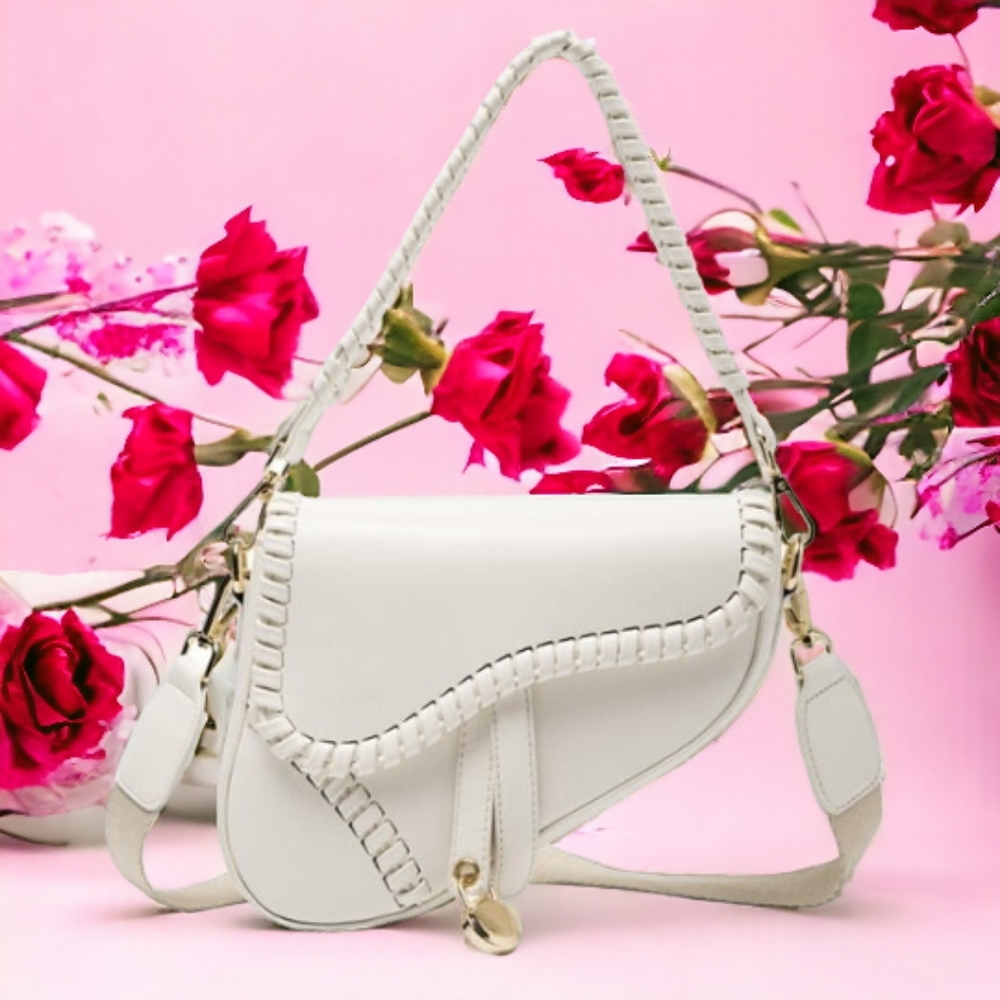 Beautiful White Braided Leather Trim Saddle Bag